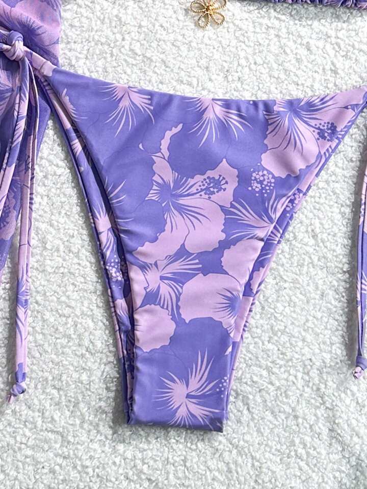 Random Floral Print Halter Neck Beach Dress With Tie Waist & Vintage Bikini