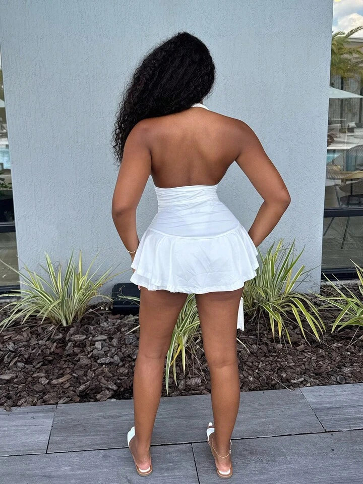 Halter Neck High Elastic Waist A Hem Tight Jumpsuit With Ruffles