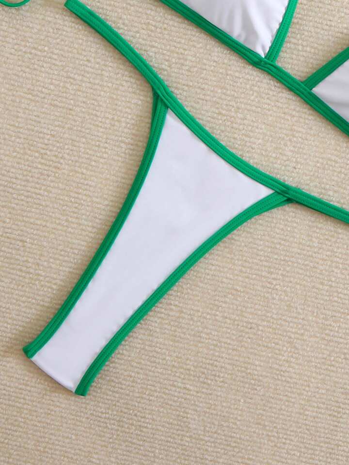 Colorblock Trim Triangle Halter Bikini Set And Sleeveless Round Neck Cover Up