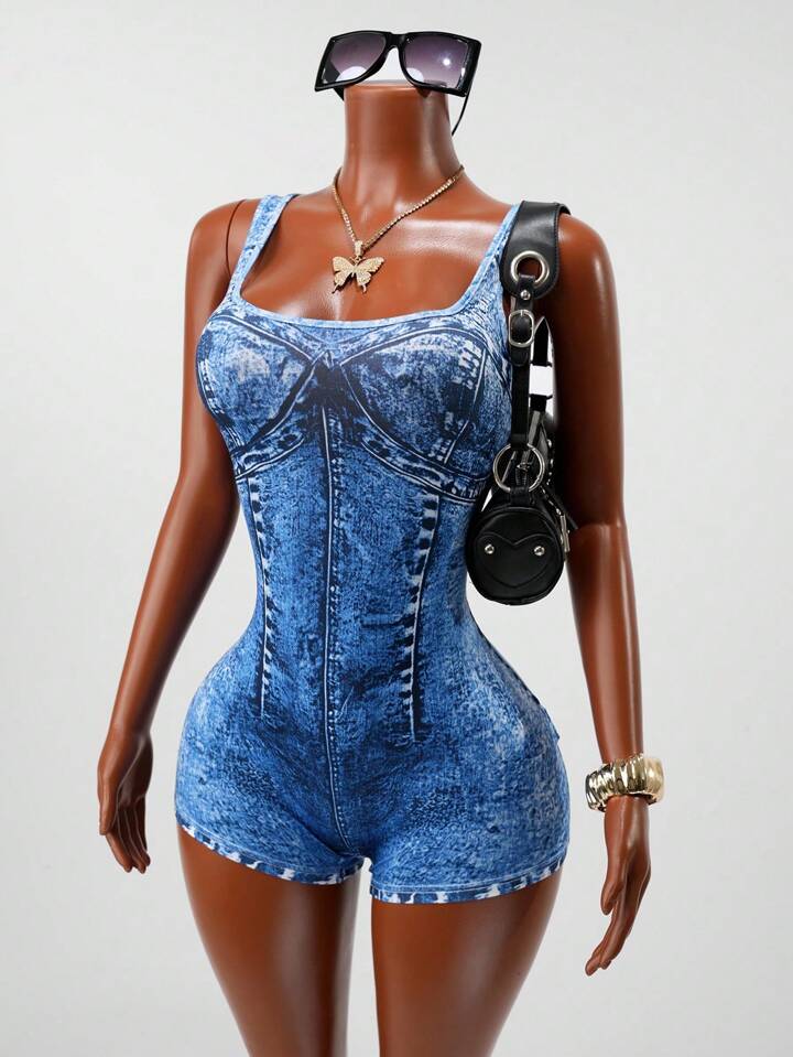 Sleeveless Knitted Jumpsuit With Denim Effect