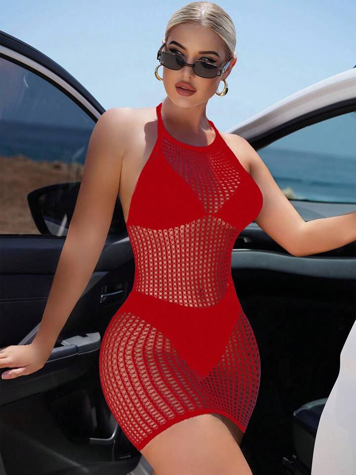 Hollow Halter Vacation Mini Slip Dress