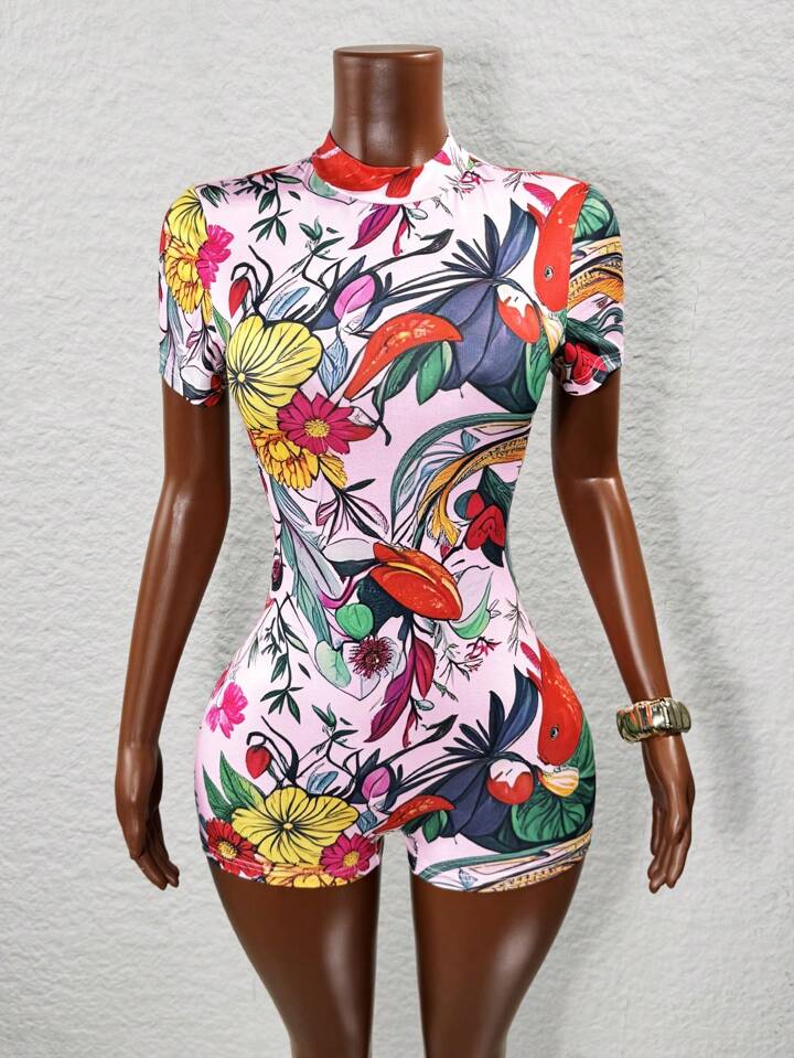 Backless Fashion Print Fitted Skinny Romper