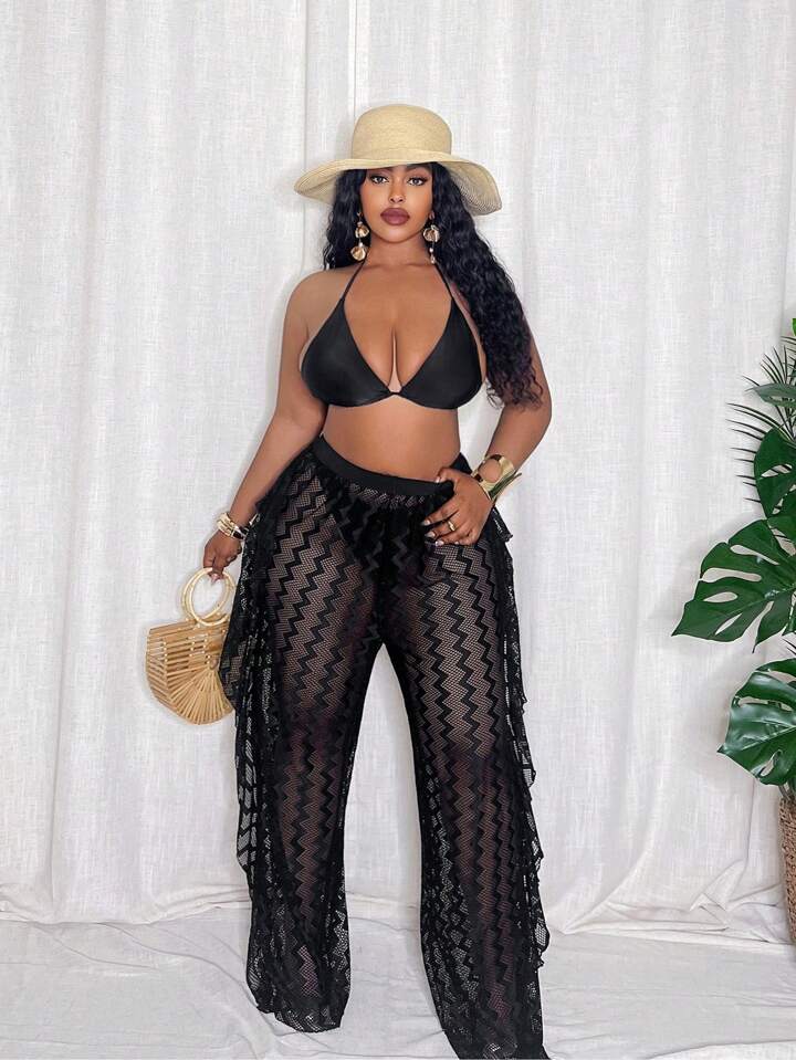 Plus Size Women Wave Striped Mesh Cover Up & Wide Leg Pants Set