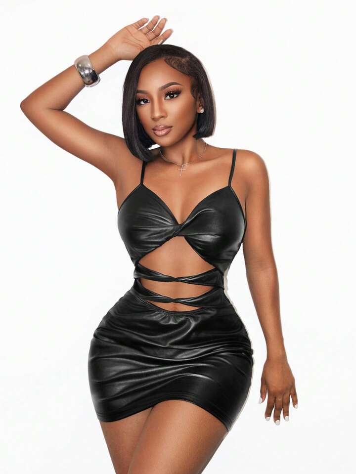 PU Leather Full-Skirted Dress