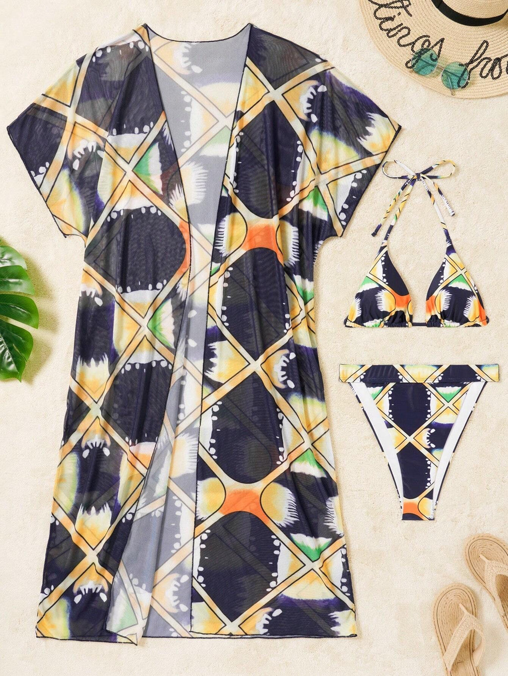 Tie-Dye And Plaid Printed Separated Bikini Set With Top