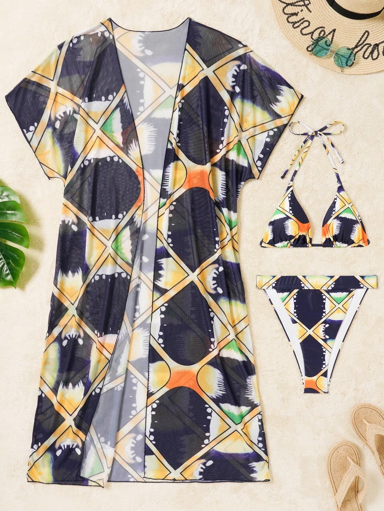 Tie-Dye And Plaid Printed Separated Bikini Set With Top