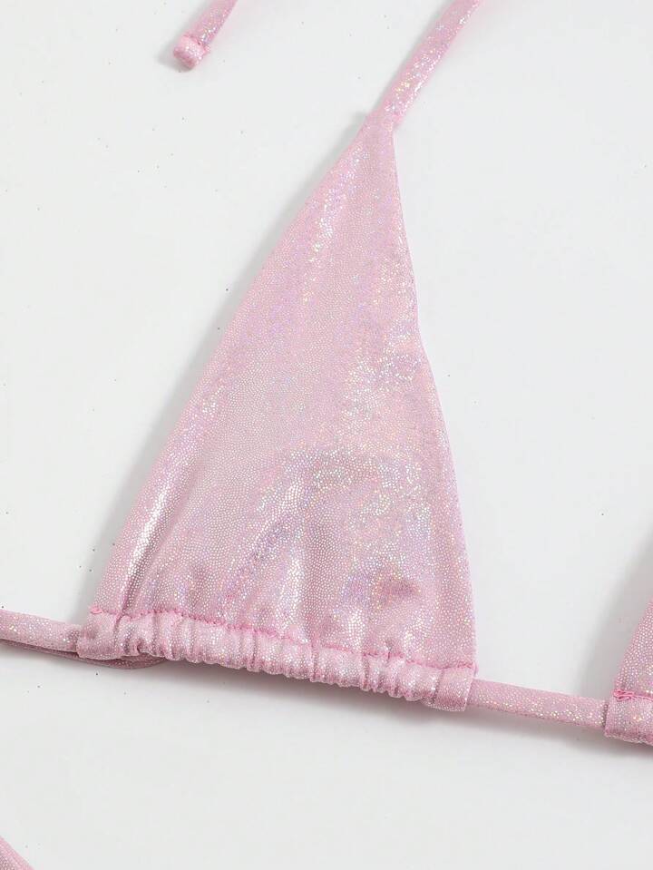 Metallic Bikini Set Micro Triangle Bra & O-Ring Linked Thong 2 Pieces Bikini
