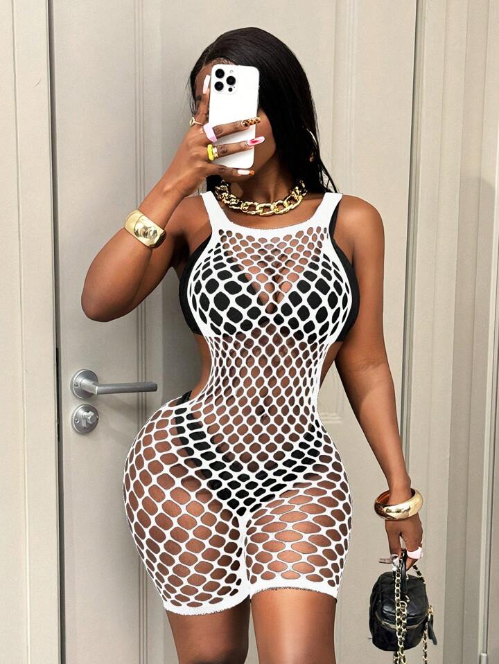 Hollow Out Sexy Backless Sleeveless Mesh Coverup Jumpsuit