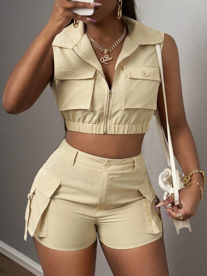 Sleeveless Lapel Top With Pocket Design And Shorts