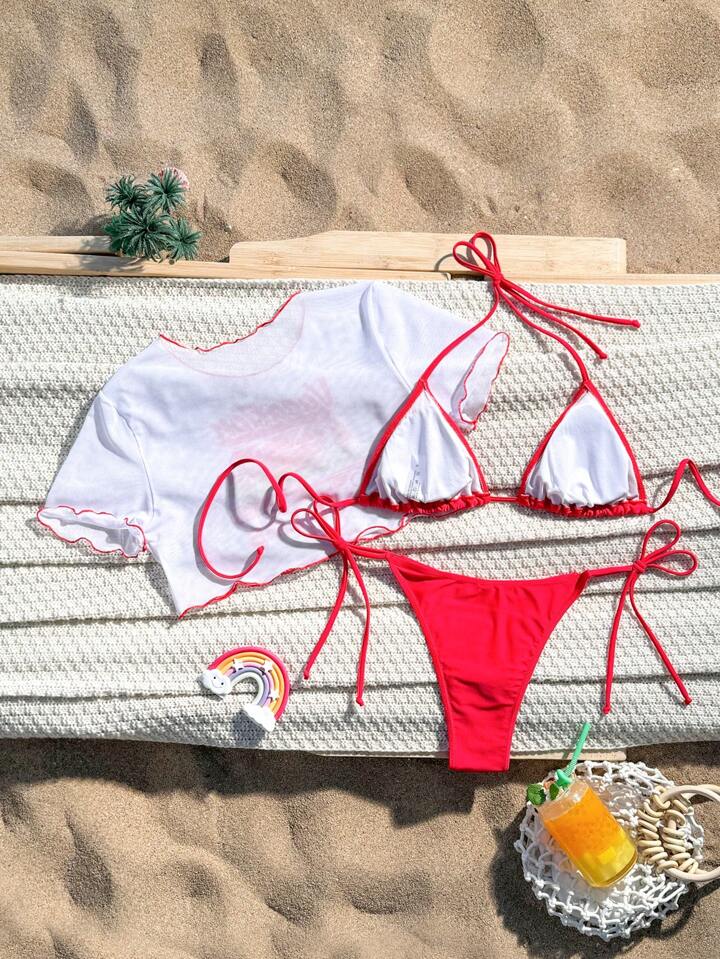 Solid Color Halter Halter Sexy Bikini Set With Letter Printed Short Sleeve Cover Up Top