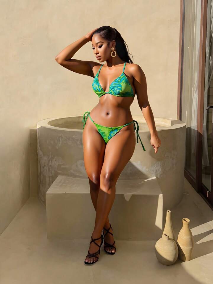 Tropical Print Bikini Set Halter Triangle Bra & Tie Side Bottom & Long Sleeve Kimono 3 Pieces Bikini