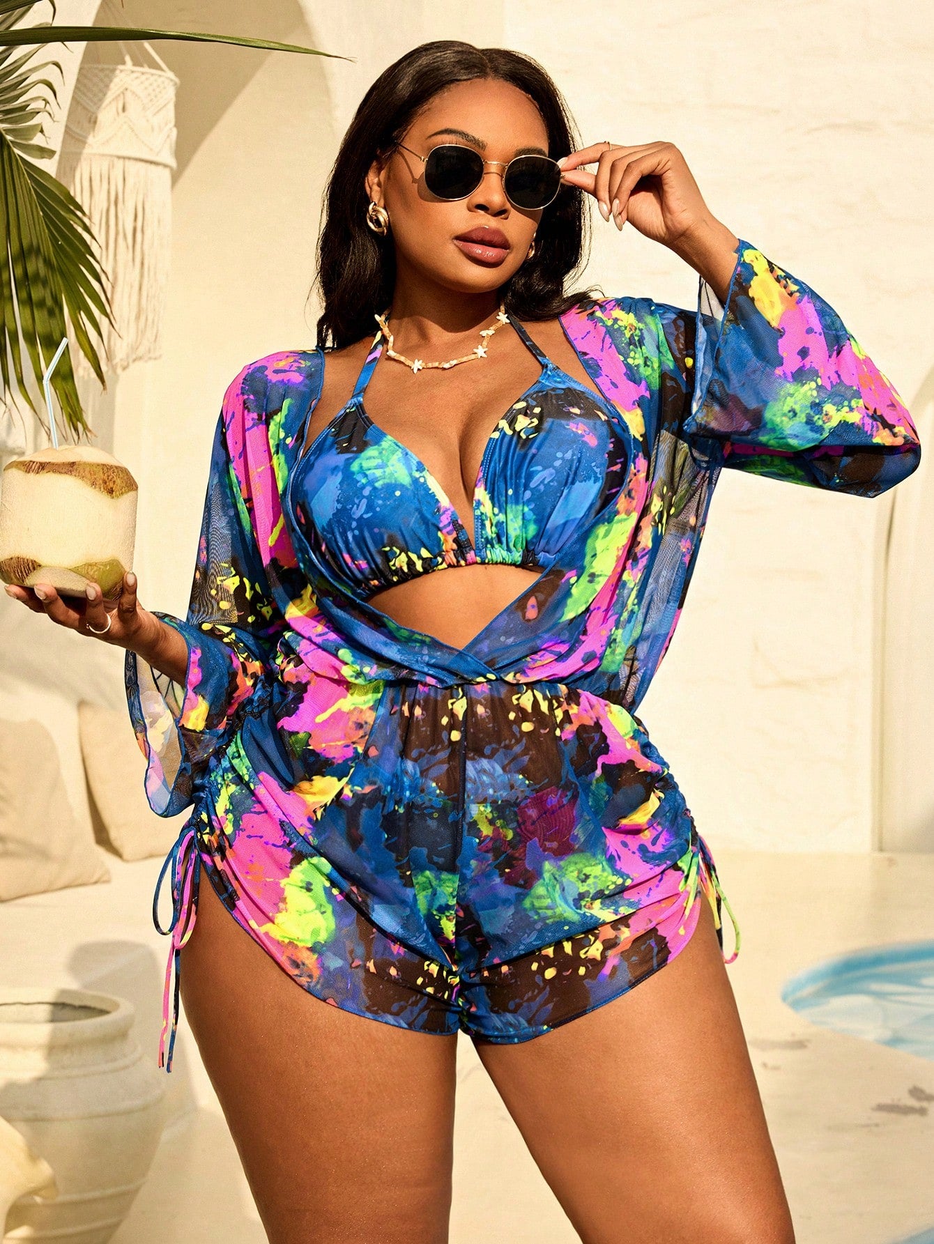 Plus Size Tie-Dye Halter Split Bikini Set With Long Sleeve Pants And Mesh Cover Up