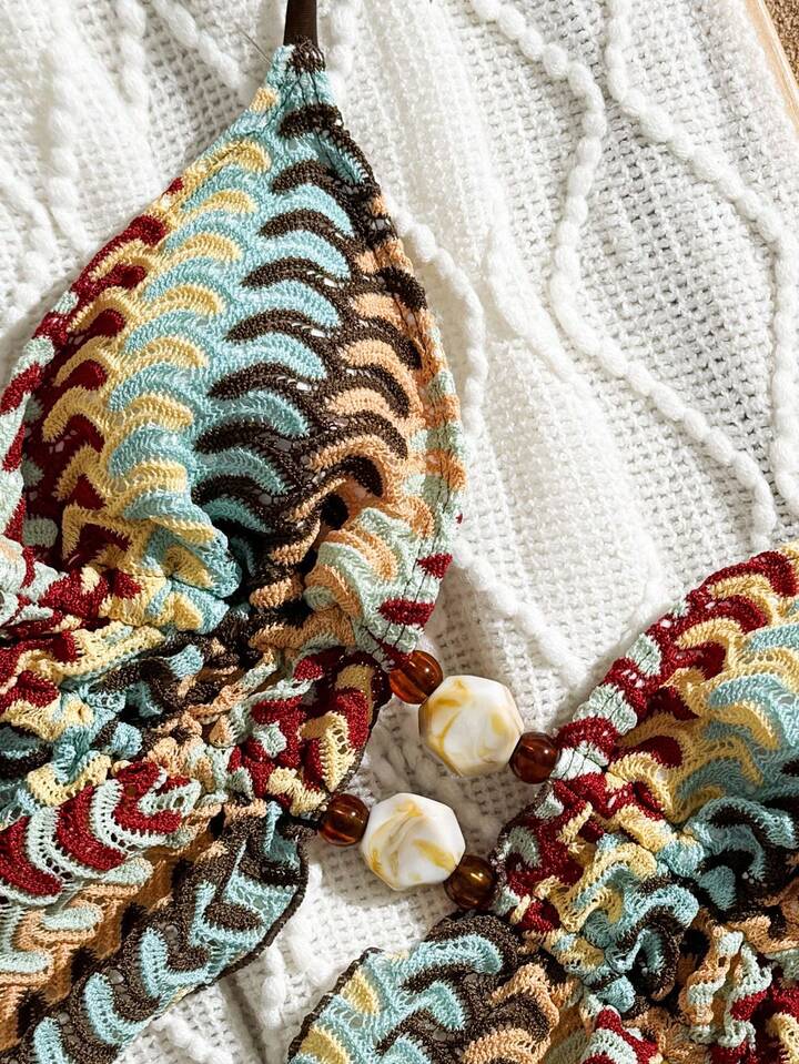 Cute Stone Bead Decor Bohemian Print Halter Tie Bikini