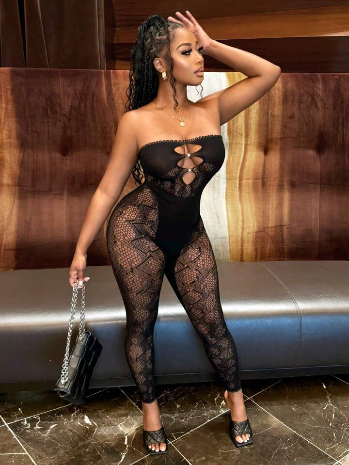 Hollow Out Lace Strapless Unitard