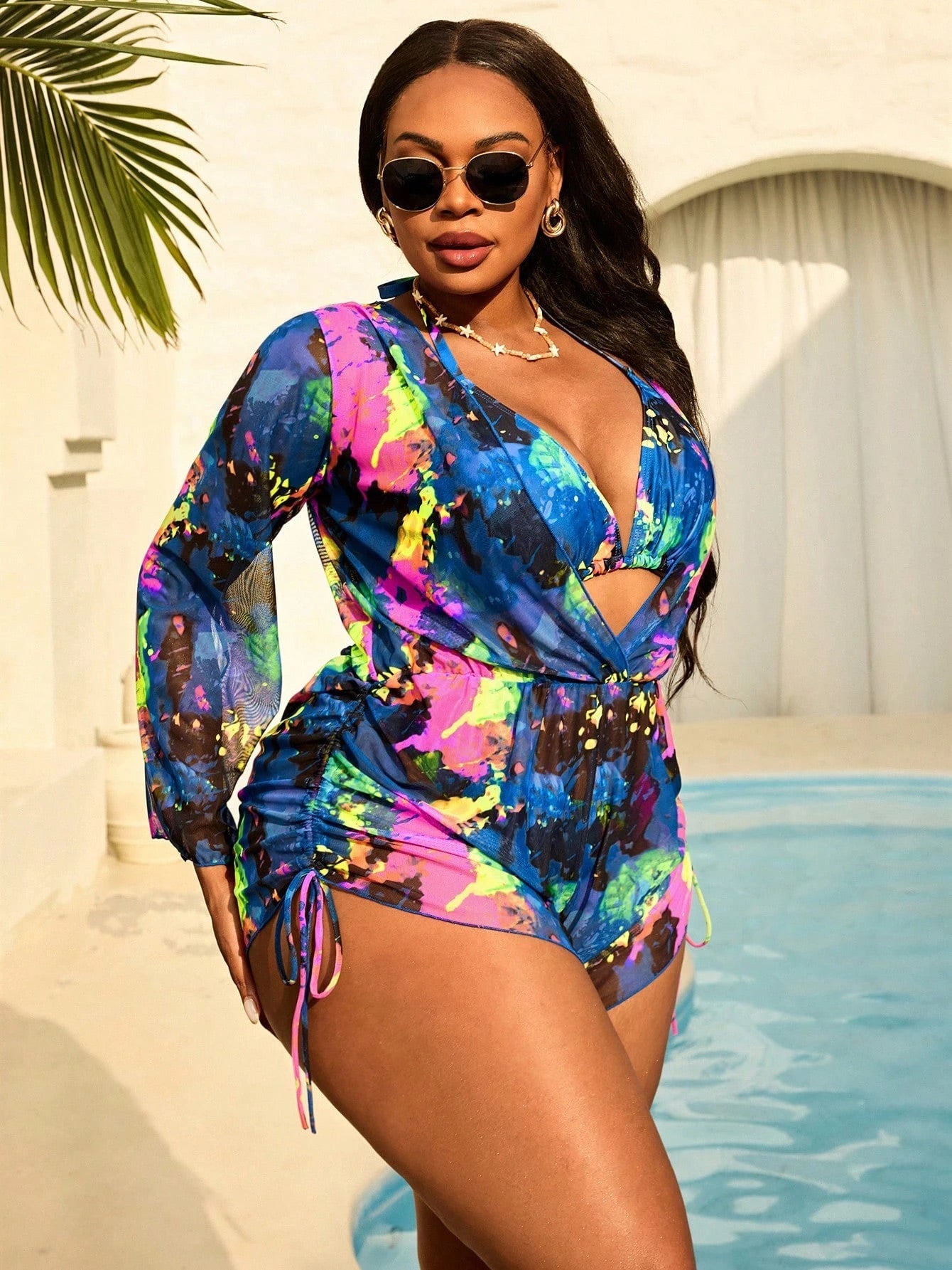 Plus Size Tie-Dye Halter Split Bikini Set With Long Sleeve Pants And Mesh Cover Up