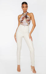 Load image into Gallery viewer, Beige Woven Abstract Print Underbust Halterneck Cross Over Zip Corset
