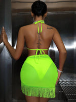 Load image into Gallery viewer, Rhinestone Decor Halter Neck Sexy Fashion Neon Bikini Set &amp; Cover-Up Skirt
