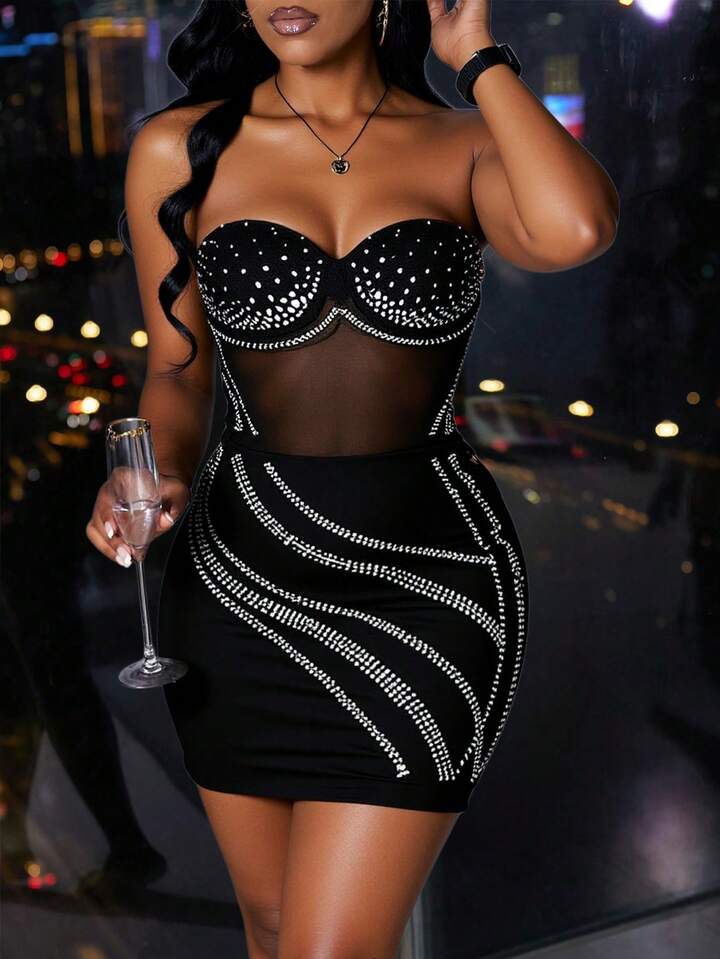 Slim Sweetheart Neckline Splicing See-Through Mesh & Heavy Hot Diamond Mini Dress