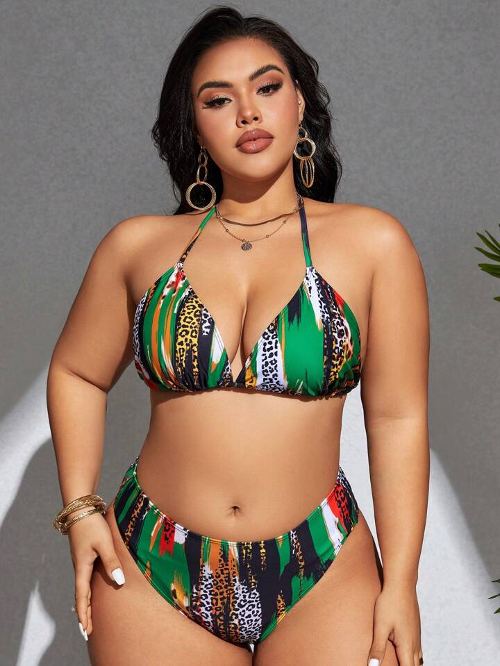 Plus Size Colorblocking Leopard Print 3pcs Swimwear, Beach Outfit Tankini Set Bathing Suit