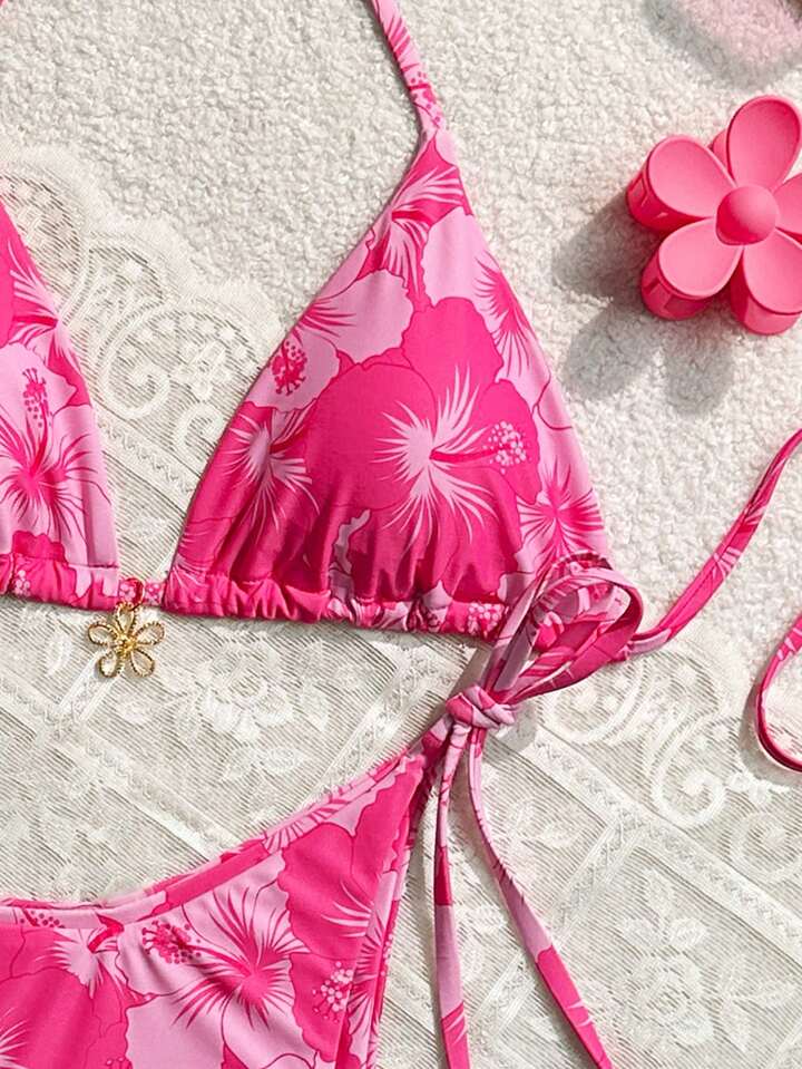 Floral Print Halter Neck Tie Sexy Bikini Set