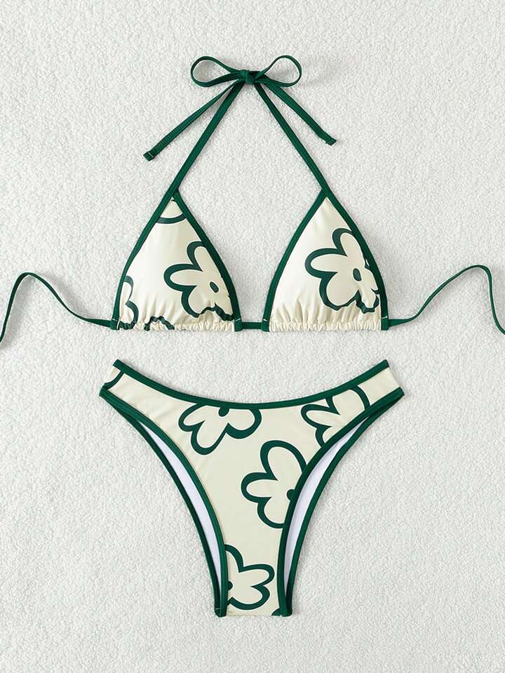 Floral Printed Contrast Color Trim Bikini Set
