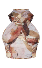 Load image into Gallery viewer, Beige Woven Abstract Print Underbust Halterneck Cross Over Zip Corset
