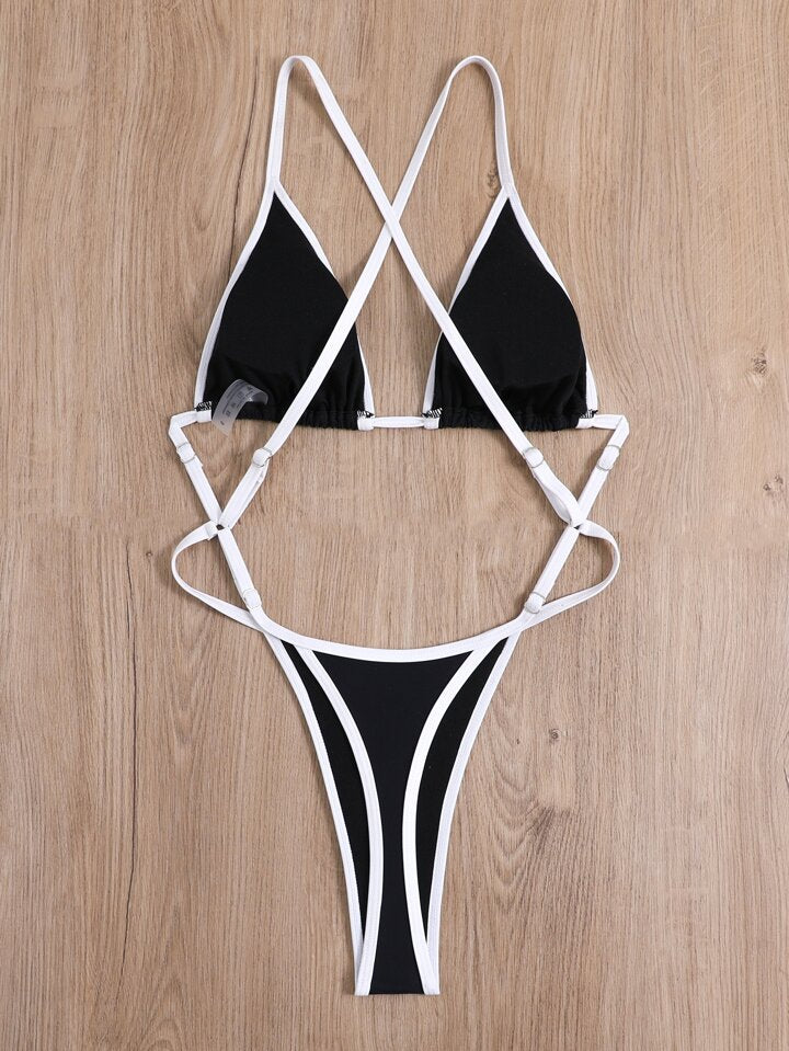 Contrast Binding Criss Cross One Piece Swimsuit