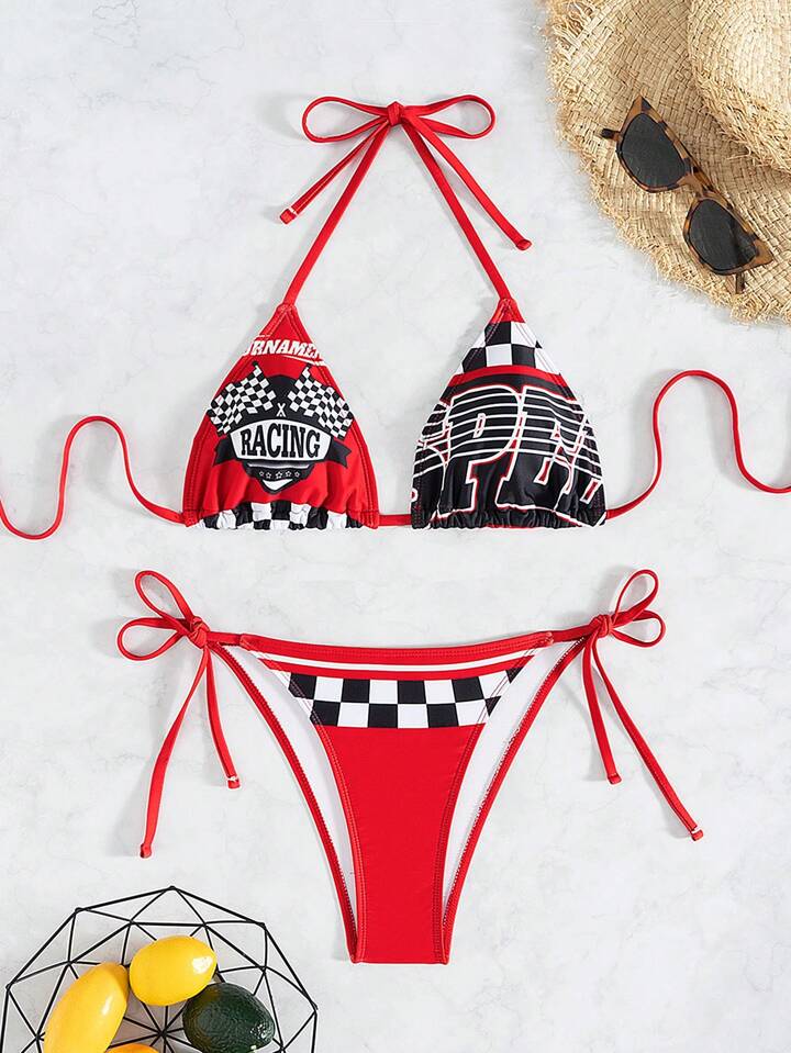 2pcs Women Beach Outfit, Tank Top And Tie Side Print Bikini Bottom Swimwear Set
