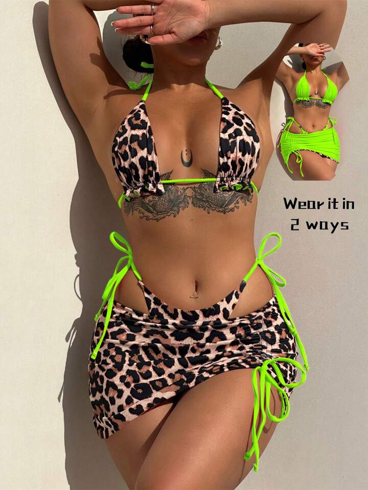 3pcs Leopard Print Reversible Bikini Set