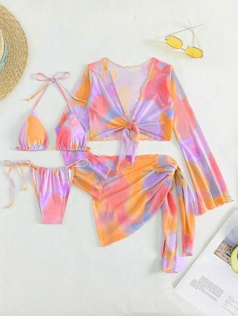 Tie Dye Bikini Set Halter Triangle Bra & Thong Bottom & Cover Up Top & Skirt 4 Piece Bathing Suit