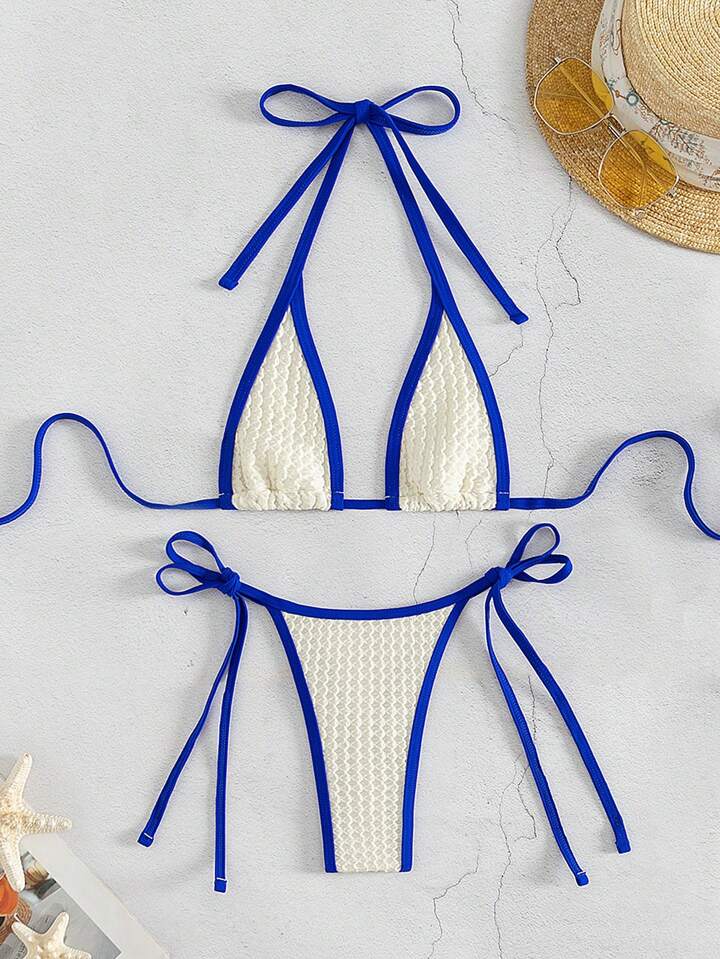 Color Blocking Halter Strap Triangle Bikini Set