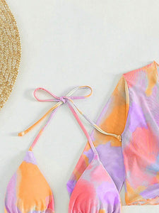 Tie Dye Bikini Set Halter Triangle Bra & Thong Bottom & Cover Up Top & Skirt 4 Piece Bathing Suit