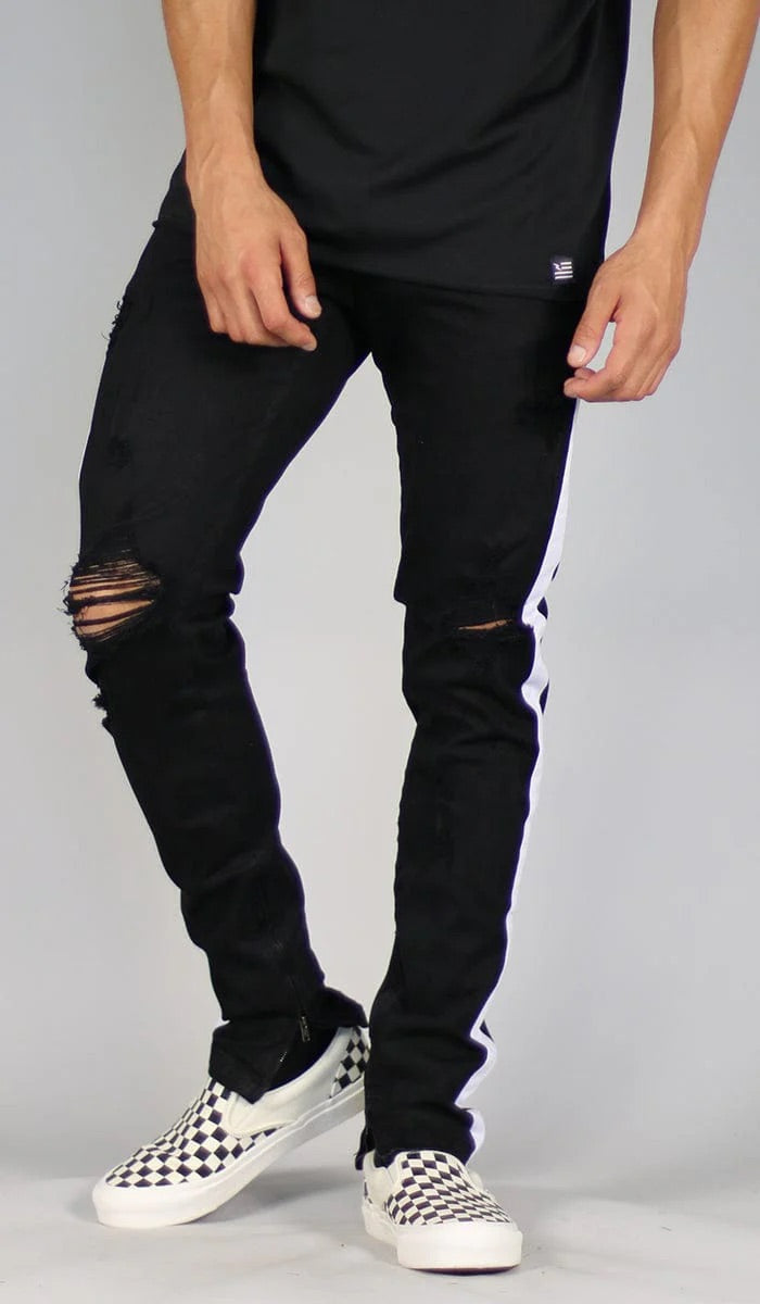 Black White Track Zipper Jeans