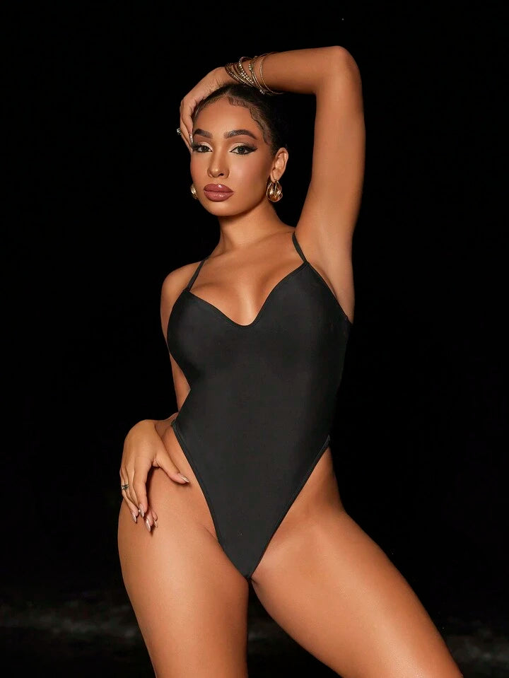 Solid Color Casual Strap One-Piece Swimsuit