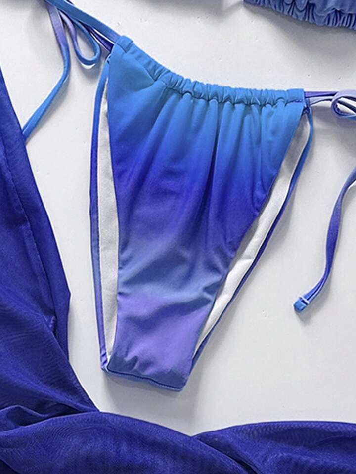 Bright Ombrem Solid Color Sexy Halter Bikini Swimwear Set Long Sarong Dress