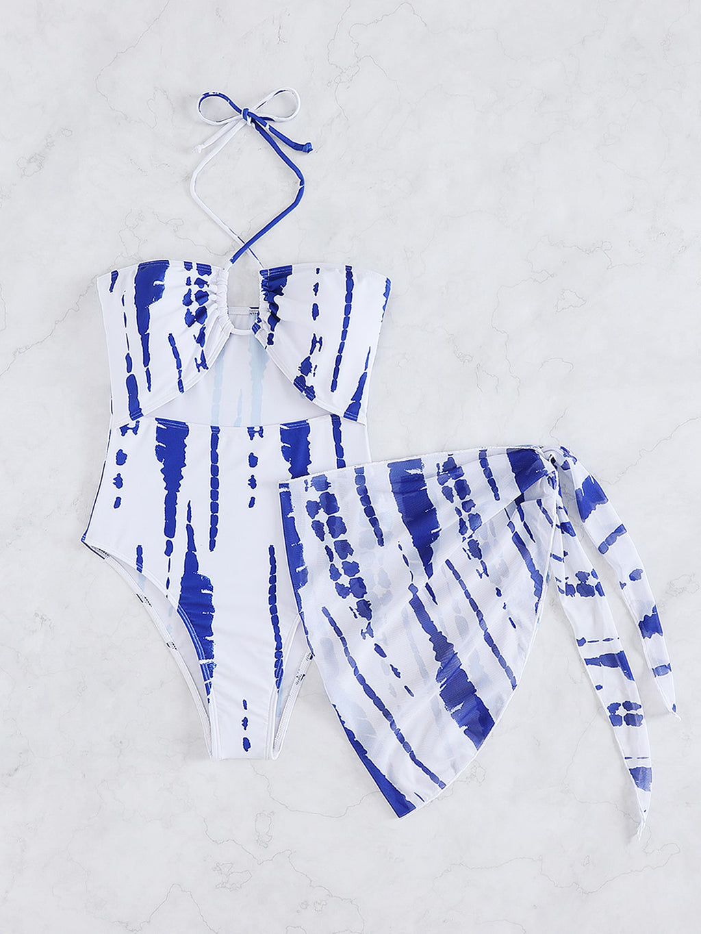 Tie Dye Cut Out Halter One Piece Swimsuit With Beach Skirt