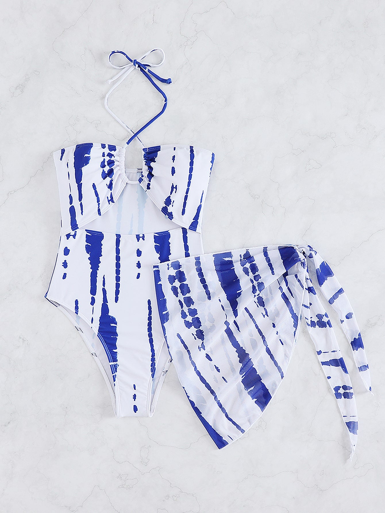Tie Dye Cut Out Halter One Piece Swimsuit With Beach Skirt