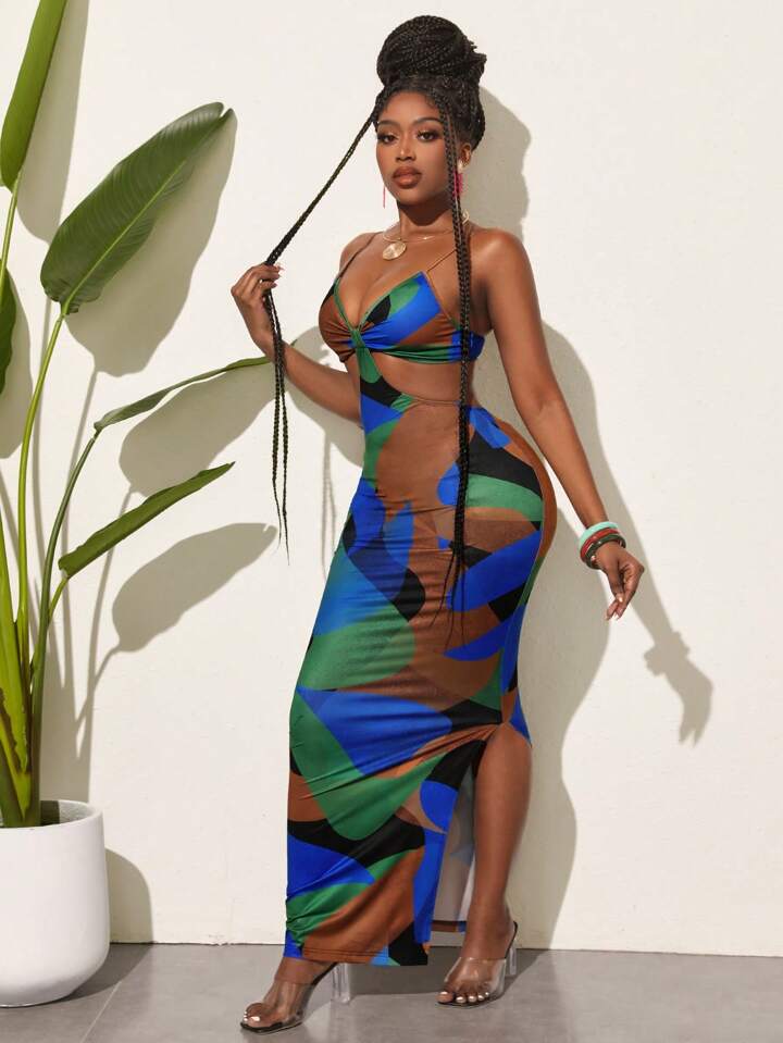 Elegant Color Block Printed Sleeveless Bodycon Dress With Hollow Out Waist And Side Slit