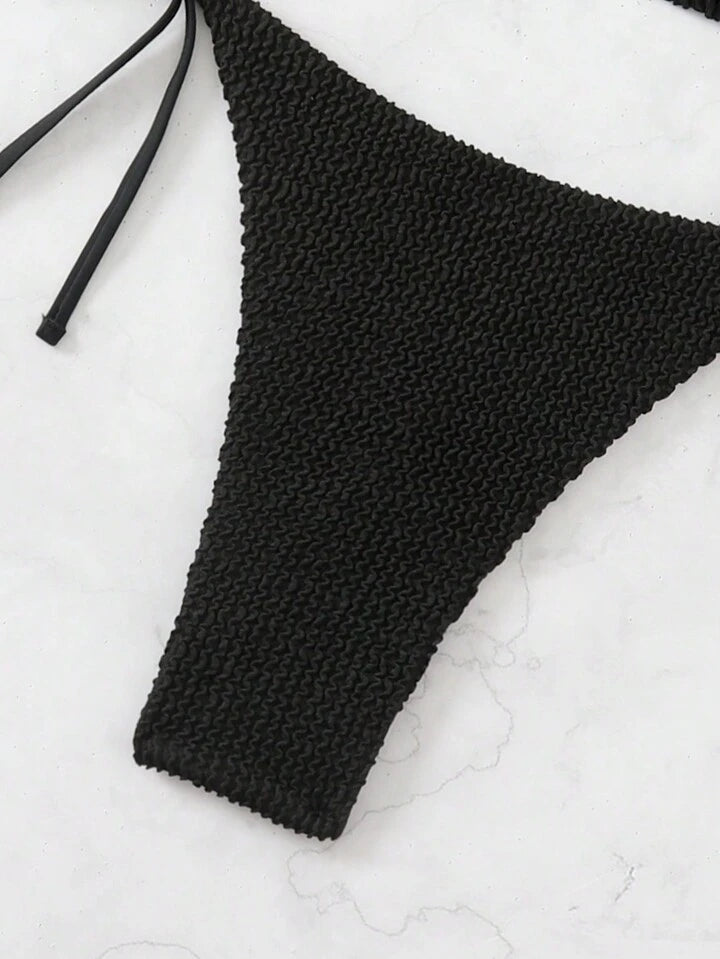 Solid Color Textured Halter Neck Bikini