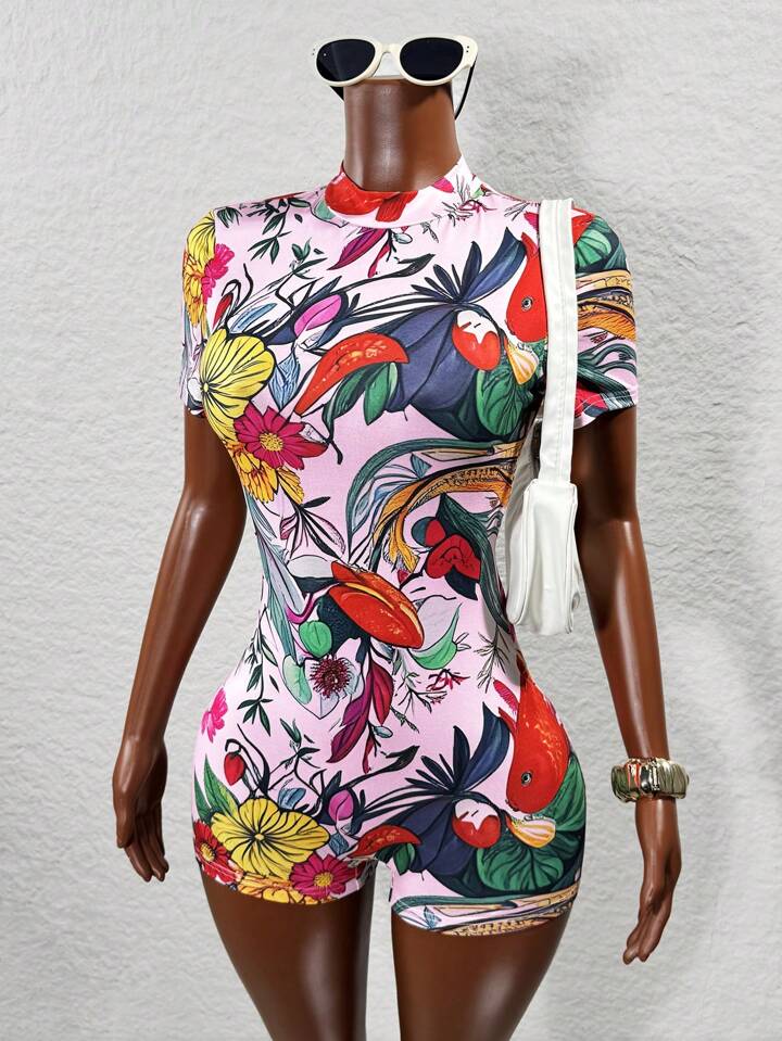 Backless Fashion Print Fitted Skinny Romper