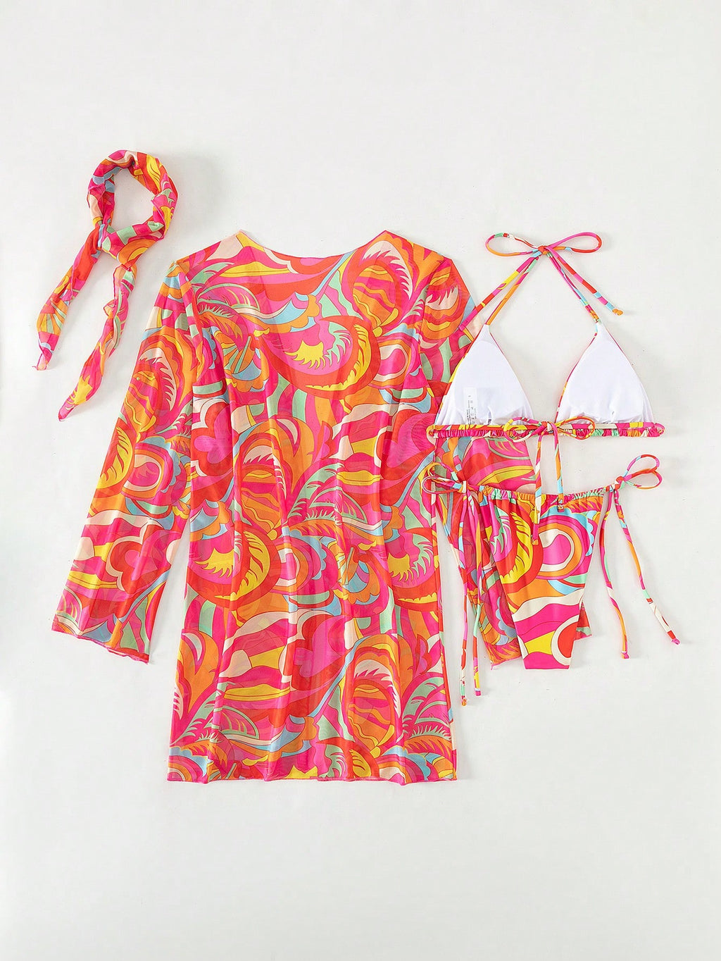 Allover Print Halter Triangle Bikini Swimsuit With Kimono