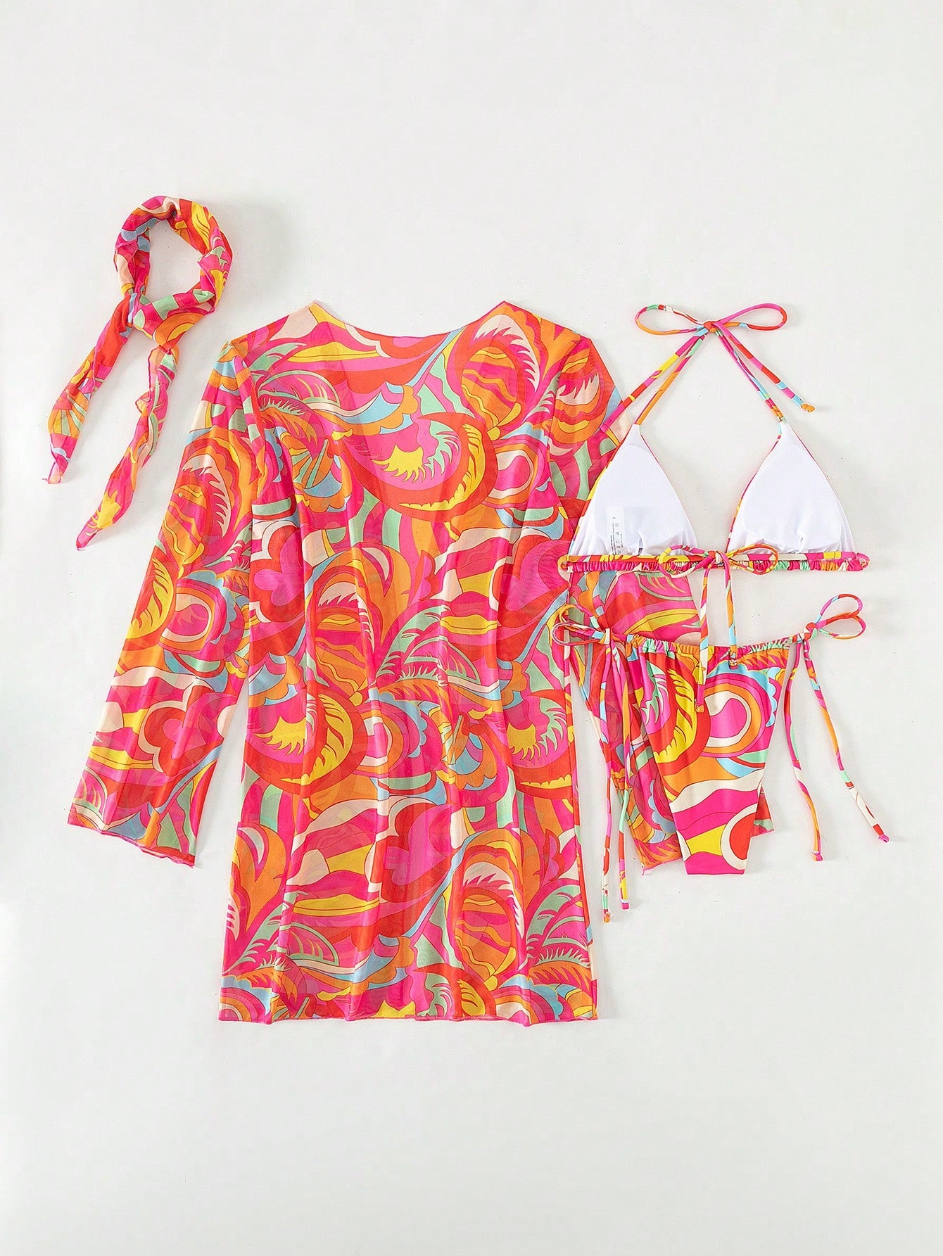 Allover Print Halter Triangle Bikini Swimsuit With Kimono