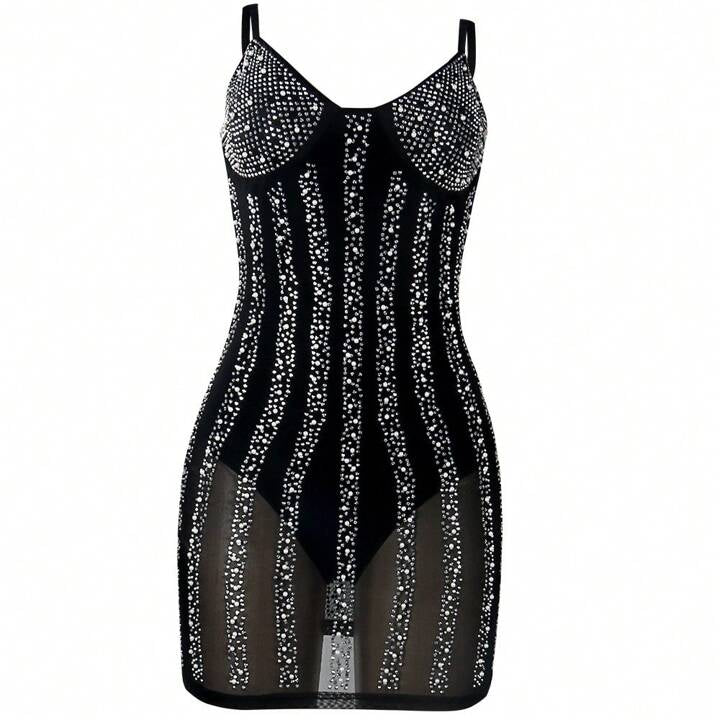 Beading Hot Drilling Spaghetti Strap Mini Dress Elegant Rhinestone Sparkly Backless Sling Sheer Mesh Bodycon