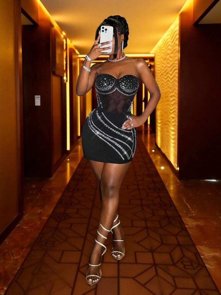 Slim Sweetheart Neckline Splicing See-Through Mesh & Heavy Hot Diamond Mini Dress