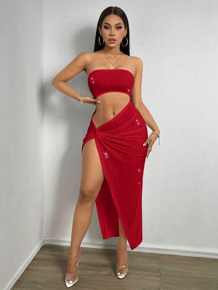 High Split Hollow Out Strapless Dress