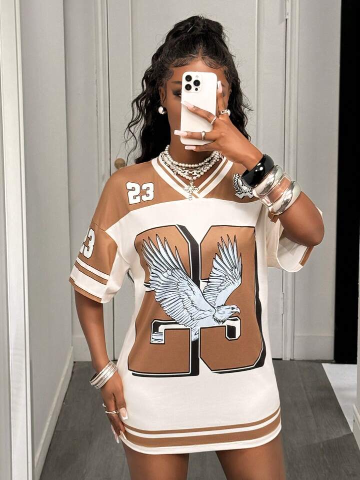 V-Neck Off-Shoulder Short Sleeve 23 Digital Eagle Pattern Brown And Apricot Stripes Retro Pattern Full Body Printing Loose Knitted Fabric Ladies Mini Dress