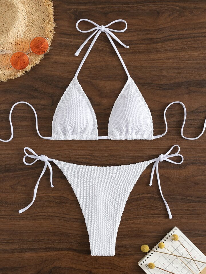Textured Halter Triangle Bra & Tie Side V-String Bottom 2 Piece Bathing Suit