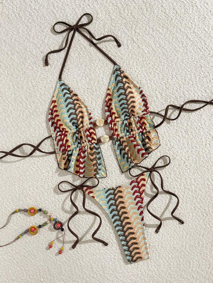 Cute Stone Bead Decor Bohemian Print Halter Tie Bikini