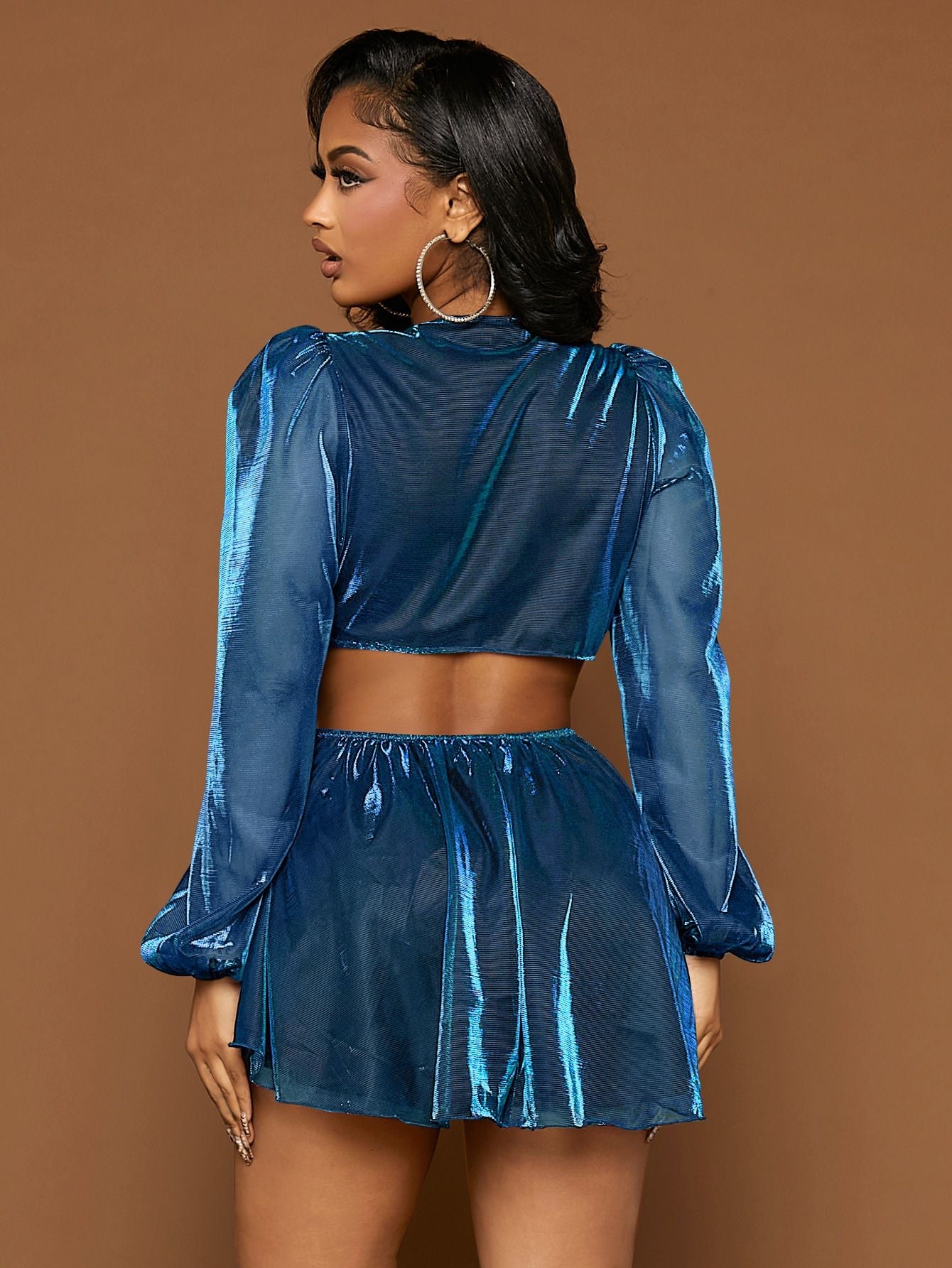 Cut Out Plunging Neck Lantern Sleeve Metallic Romper