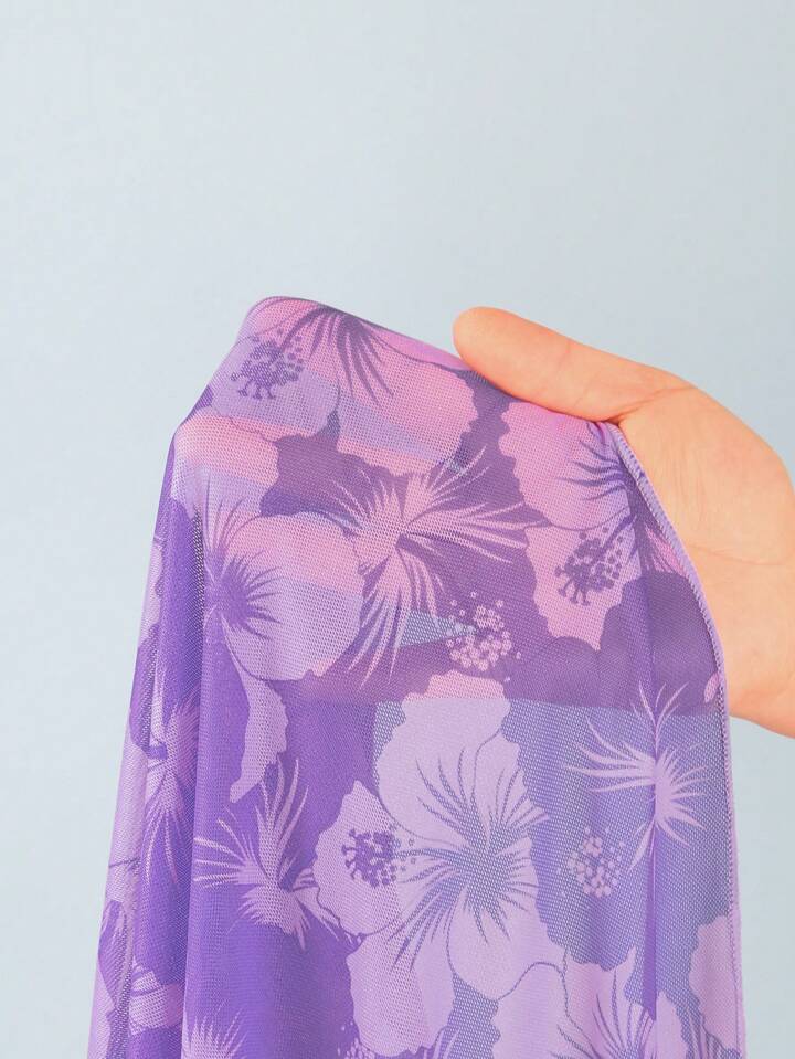 Random Floral Print Halter Neck Beach Dress With Tie Waist & Vintage Bikini